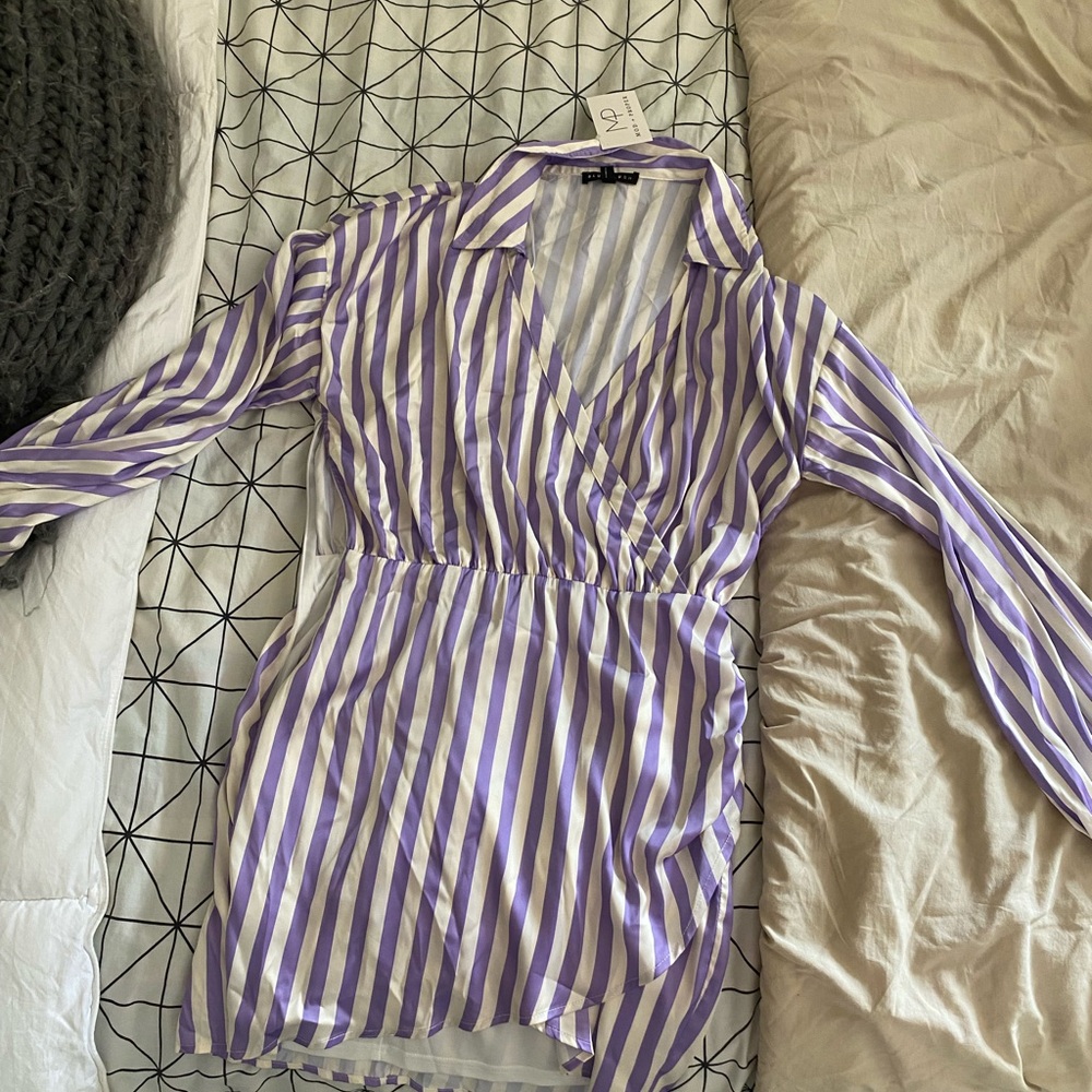 New Never Worn: Blue Blush size large, purple stripe satin wrap dress